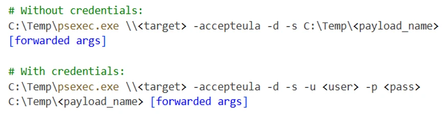 Screenshot of command line instructions showing usage of PsExec tool with and without credentials. Commands include parameters for target, payload location, user, and password, with forwarded arguments highlighted in blue brackets.