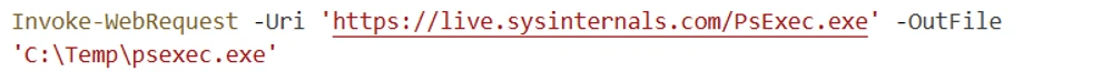 Screenshot of a PowerShell command invoking a web request to download a file from a URL and saving it to a local directory. The command uses 'Invoke-WebRequest' with parameters '-Uri' specifying the download link and '-OutFile' indicating the destination path for 'psexec.exe'.
