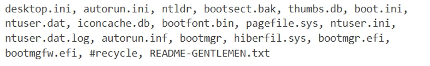 A screenshot displaying a list of system and configuration files with various extensions such as .ini, .bak, .db, .log, .sys, and .txt, and specific filenames like desktop.ini, autorun.ini, bootsect.bak, and README-GENTLEMEN.txt.