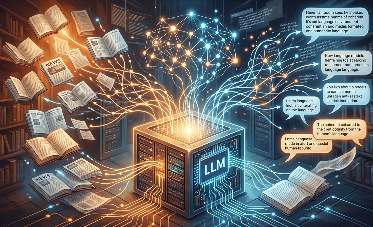 From Phonegram website: An illustration of a server labeled 'LLM' connected to floating books and news articles, with data streams and text boxes representing information flow, language model processing, and AI matrices at work.