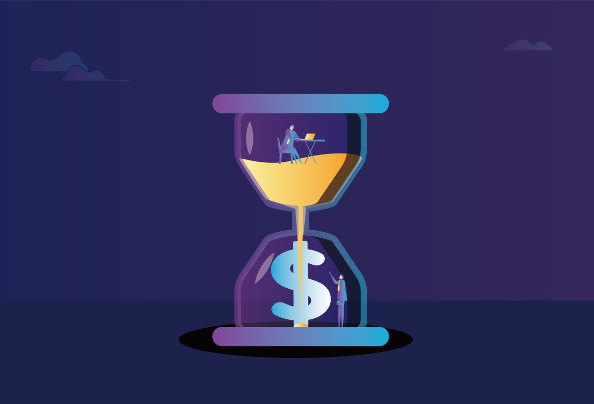 Business men work in an hourglass, hourglass and dollars, time is money