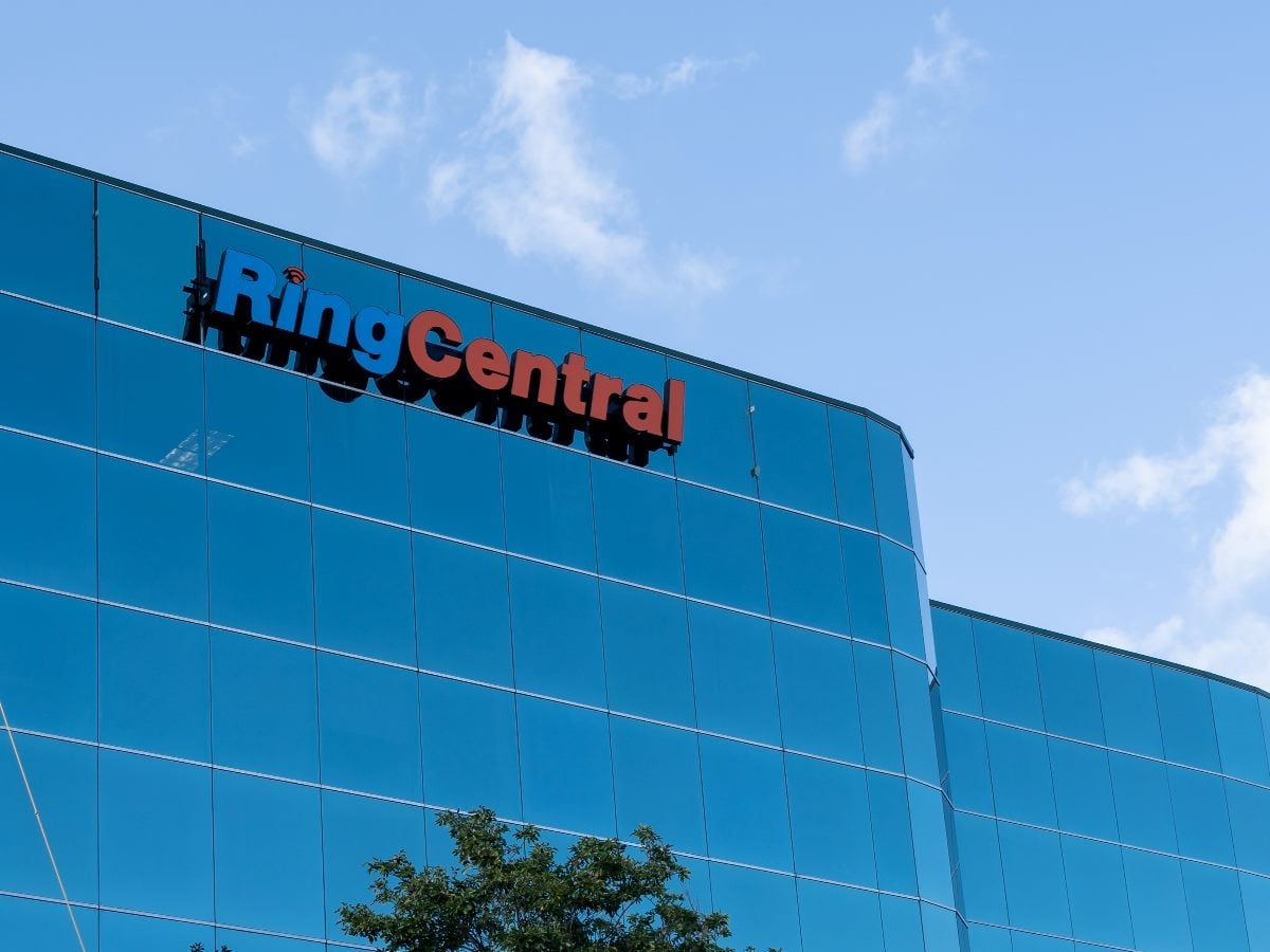 RingCentral office building shot from the outside looking at the logo on the side of the building.