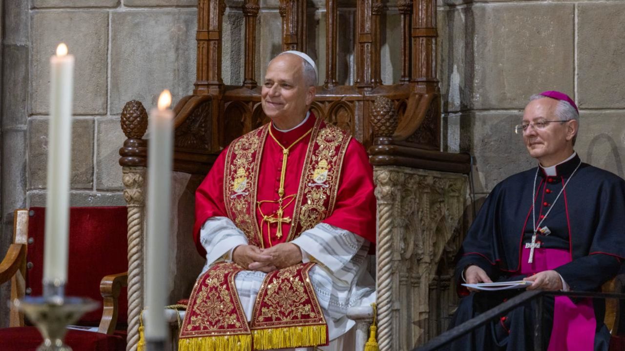 Pope Leo XIV at the Cathedral of the Holy Cross and St. Eulalia in Barcelona, Spain, on June 9, 2026.