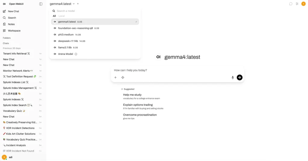 Open WebUI selecting locally hosted Ollama models running on the GPU-backed Ubuntu