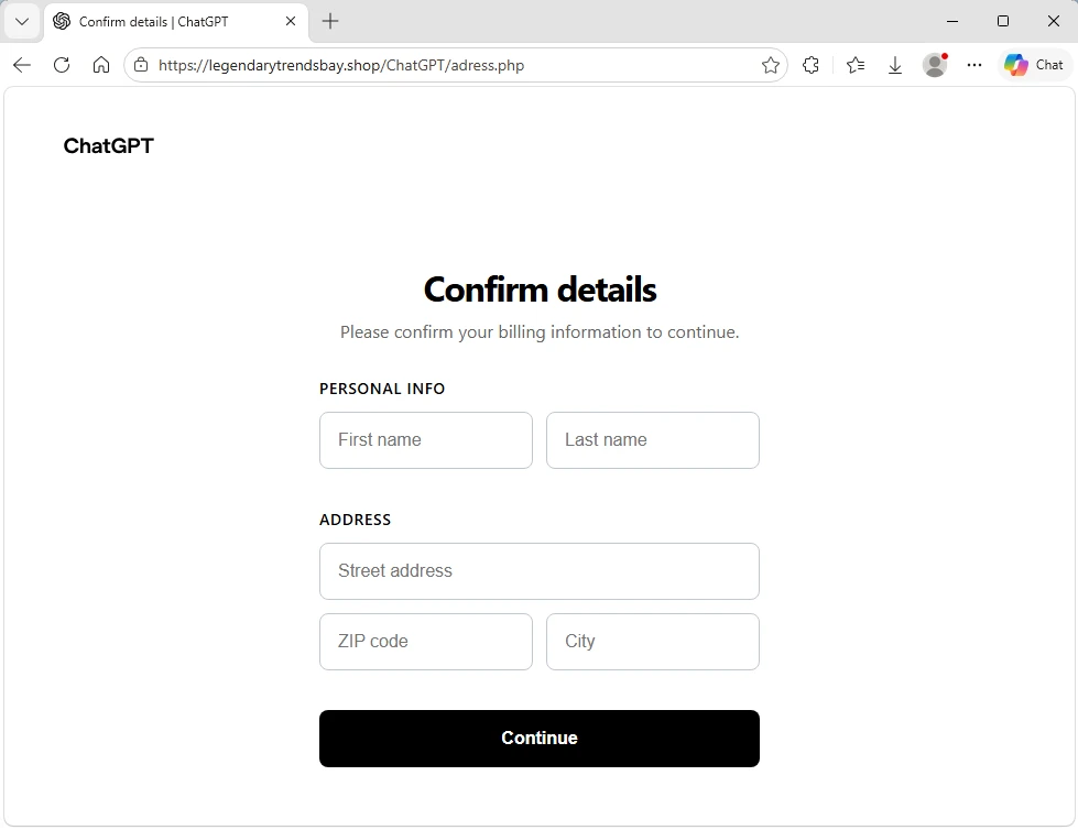 Screenshot of phishing landing page collecting name and address