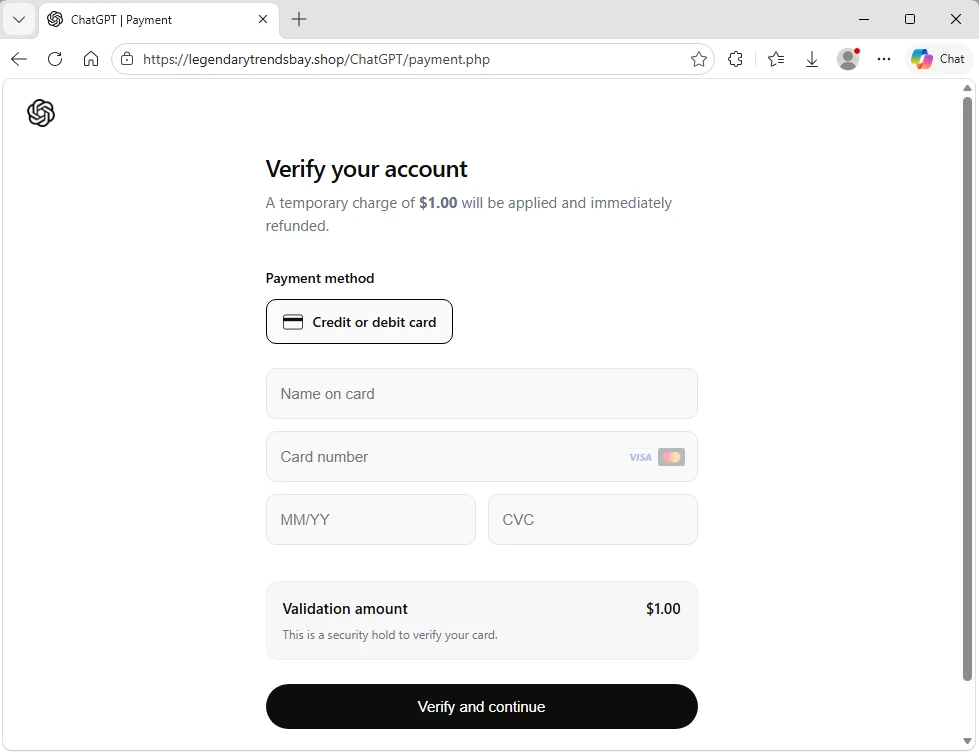 Screenshot of phishing landing page collecting credit card information