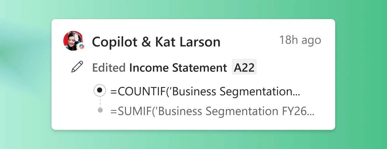 Copilot in Excel editing income statement formulas with COUNTIF and SUMIF