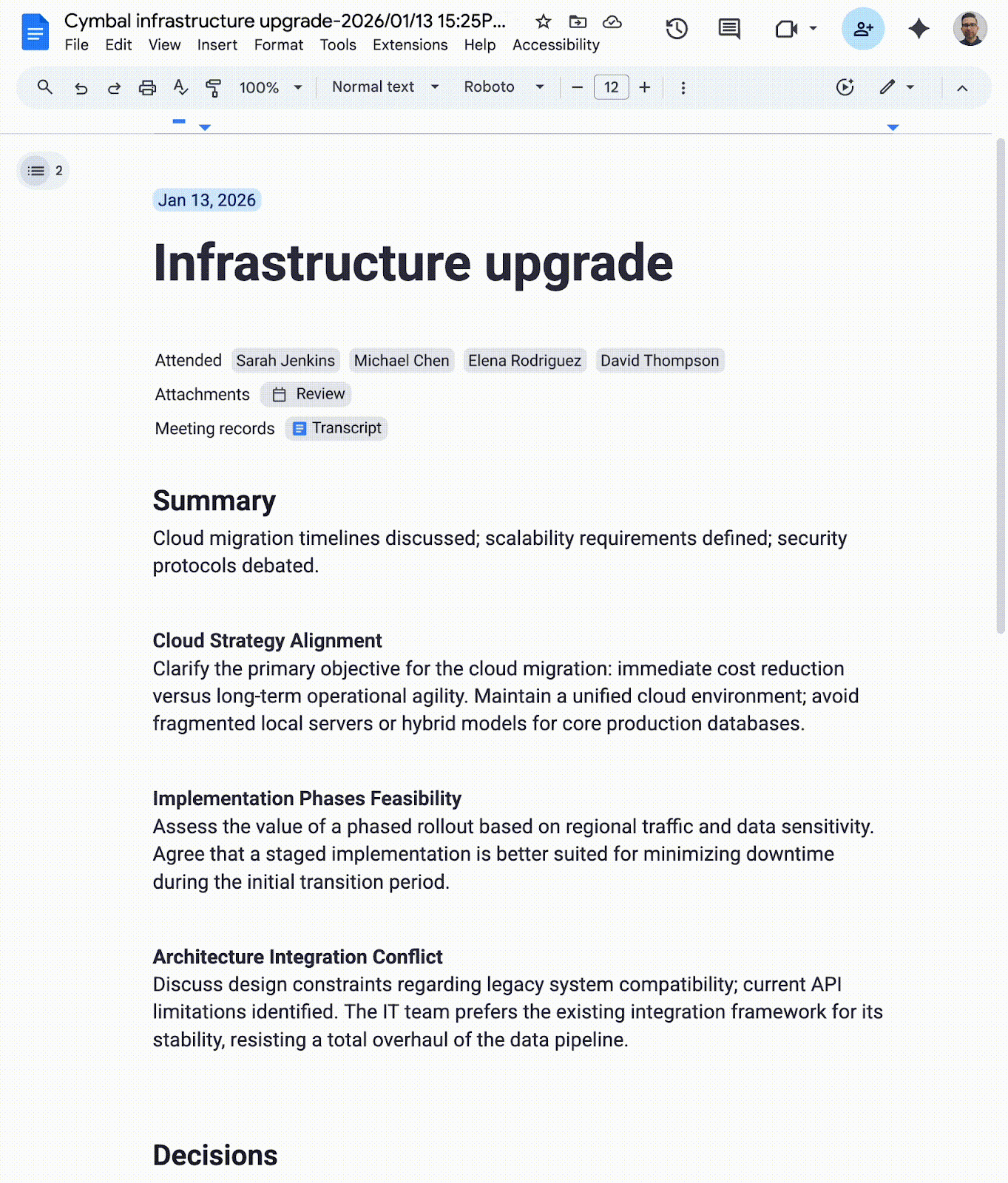 Google Meet Gemini notes showing decisions and summary sections in action