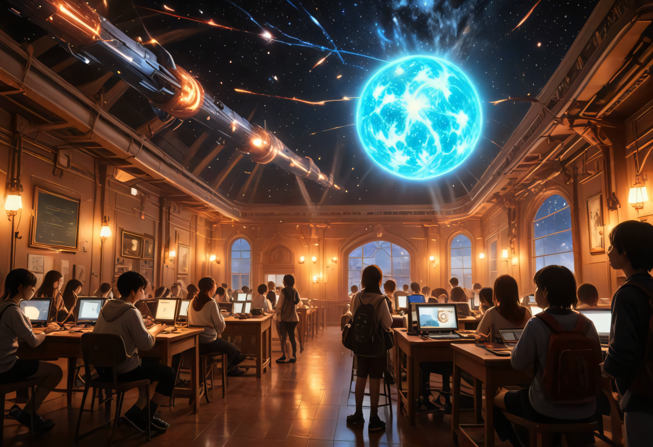 An illustration of a classroom in the future.