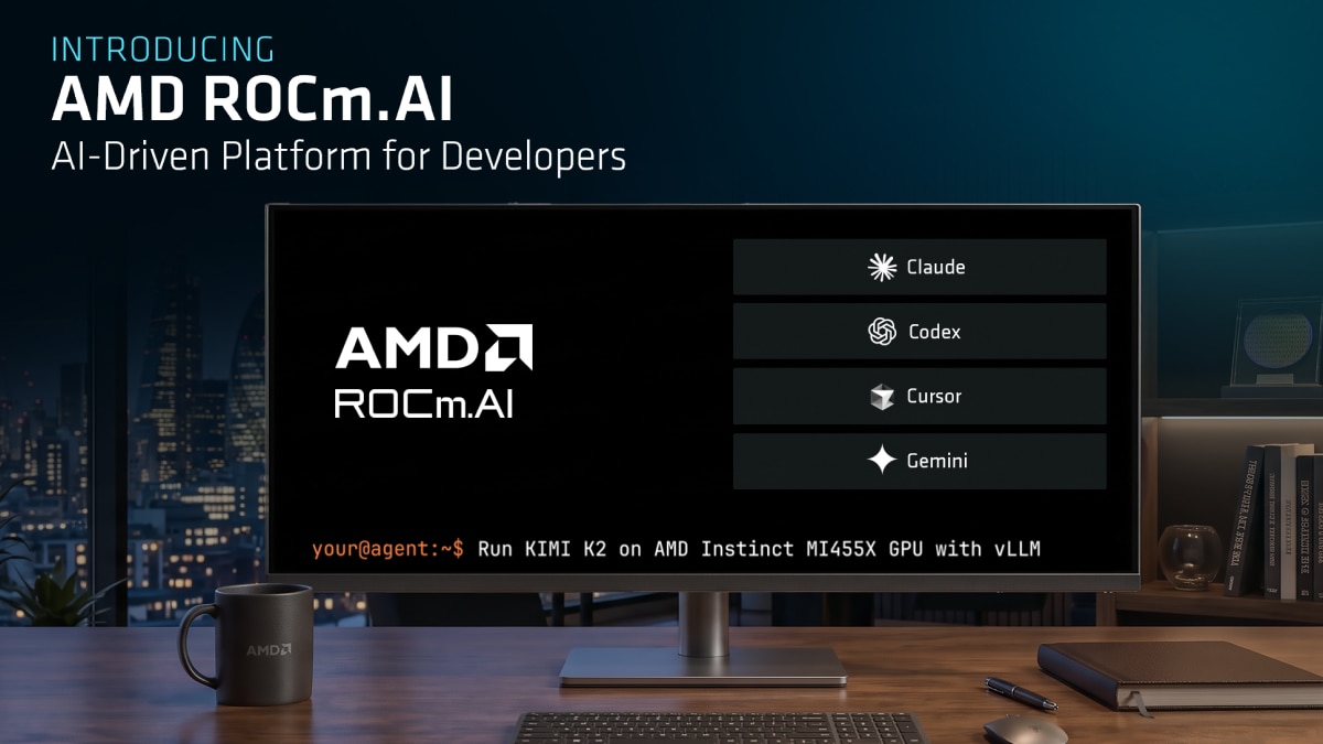 Desktop monitor displaying AMD ROCm.AI with Claude, Codex, Cursor, and Gemini, plus terminal text running KIMI K2 on AMD Instinct MI455X GPU with vLLM.