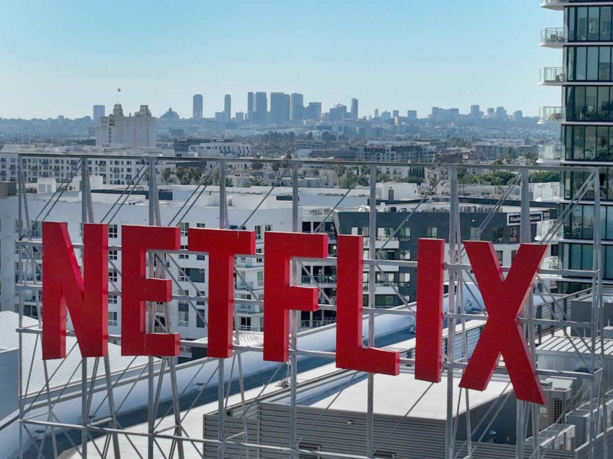 An exterior view of the Netflix sign at Netflix on Vine in Hollywood in 2025.