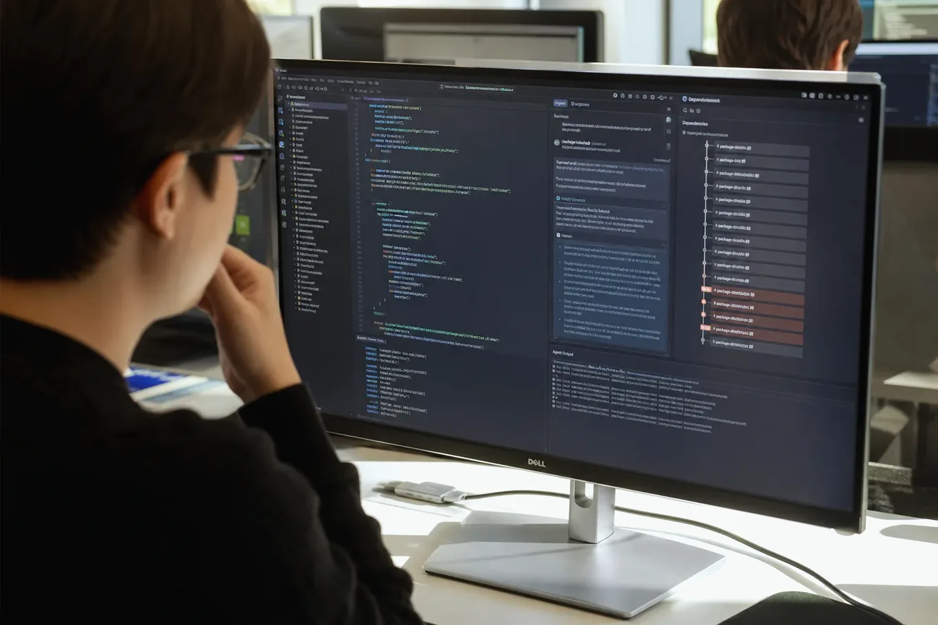 A person with glasses observes a large monitor displaying a code editor, AI assistant panel, and a dependency list.