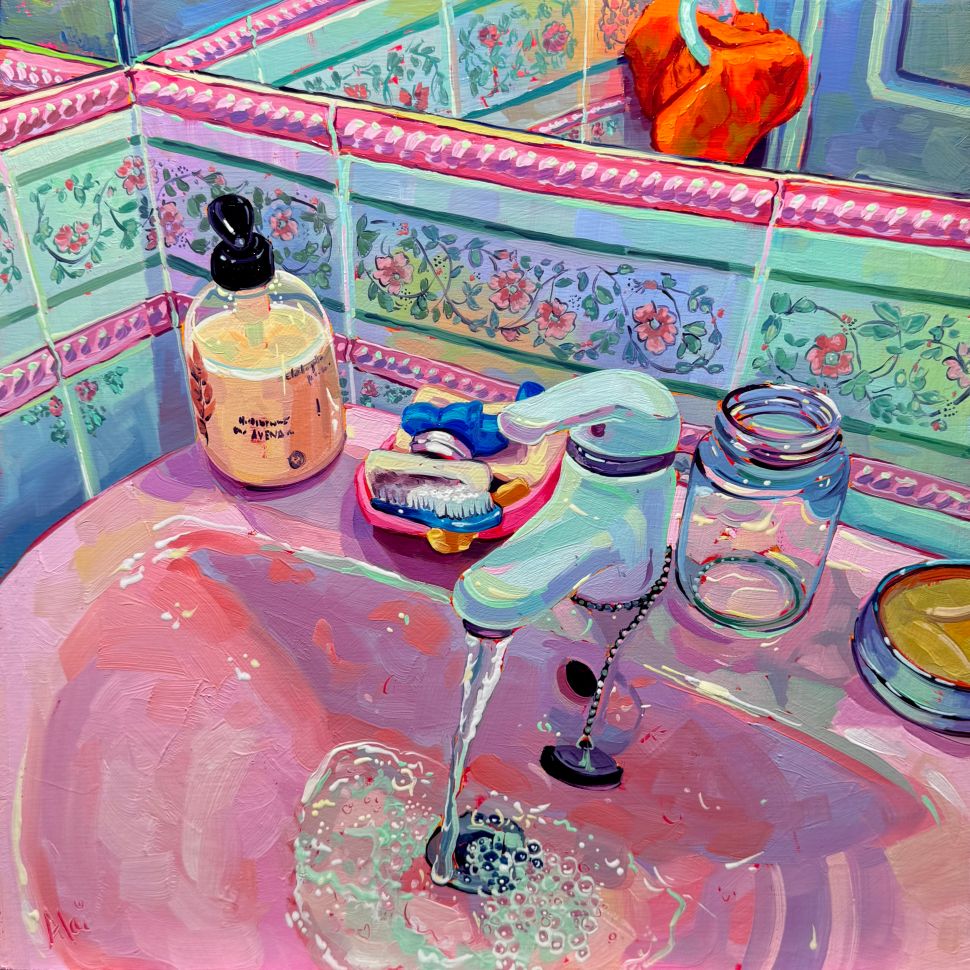 A detailed view of a painting of a countertop with various containers, jars, a soap dispenser, and small personal items, with floral-patterned tiles and bright, colorful brushwork.