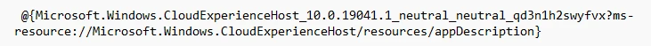 A code snippet referencing Microsoft.Windows.CloudExperienceHost and a resource path for appDescription.