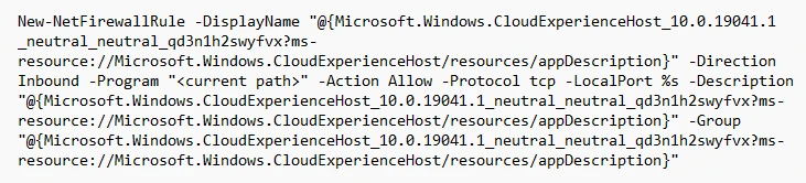 PowerShell command creating a masqueraded Windows firewall rule named after Windows Cloud Experience Host to allow inbound traffic for a specified program and port.