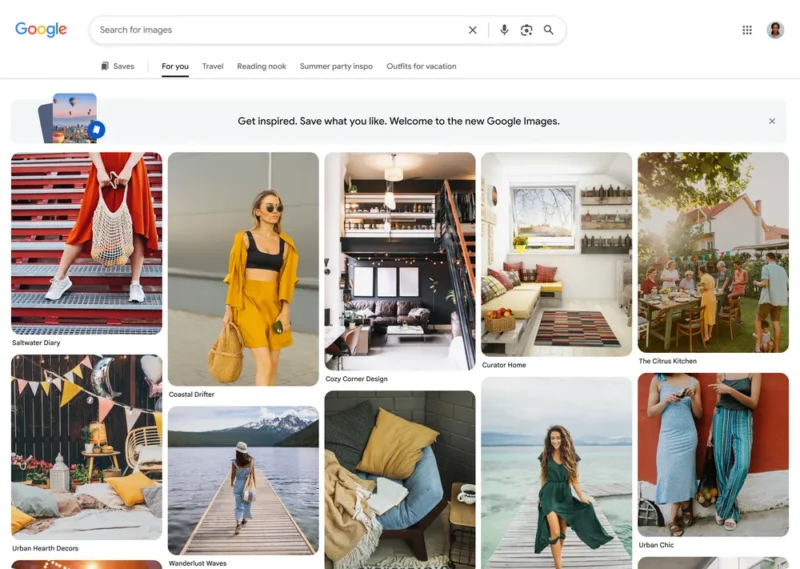 A computer screen displays the Google Images interface, showing a grid of various lifestyle and fashion photos, including outfits, home decor, food, and outdoor gatherings.