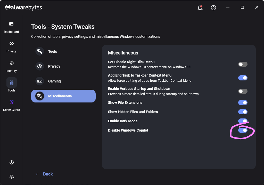 Malwarebytes setting to disable Copilot