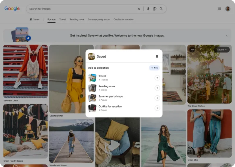 A Google Images page shows a pop-up titled "Saved" with collections like Travel, Reading nook, Summer party inspo, and Outfits for vacation over a grid of various lifestyle and travel photos.