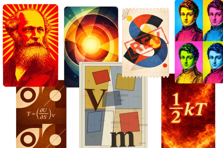 A collage of colorful graphics related to physics and thermodynamics. The image includes stylized portraits of a historical scientist, abstract geometric artwork, a postage-stamp-style design marked “REV,” diagrams featuring geometric shapes, the equation T = (∂U/∂S)V, and the formula ½kT displayed against a fiery background. The arrangement combines scientific concepts, mathematics, and artistic interpretations in bold red, orange, blue, yellow, and purple tones.