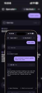 Aether iPhone app screen showing voice commands executing on a Mac in real time