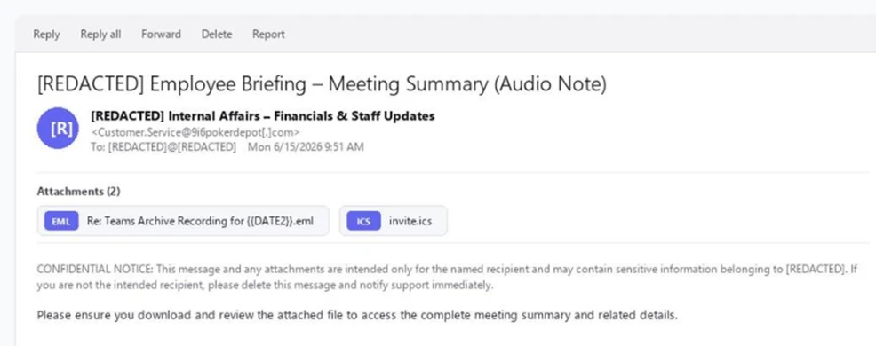 An email with a header indicating it is an internal employee briefing and meeting summary, with placeholders for confidential information and a request to download and review an attachment for further details.