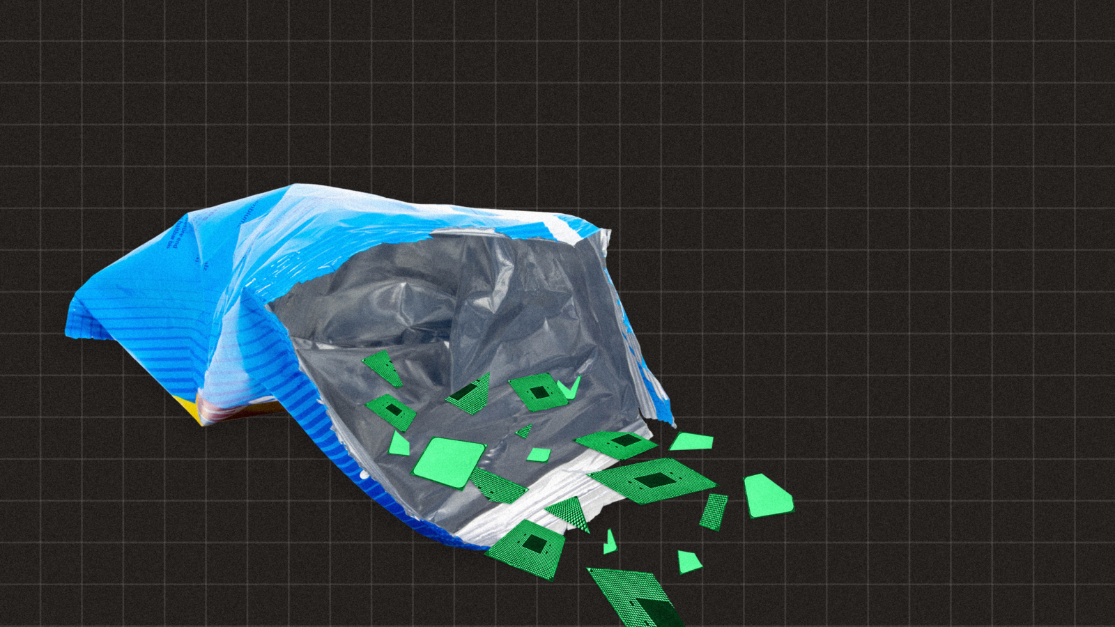 Photo illustration of an empty chip bag with crumbs of cracked microchips