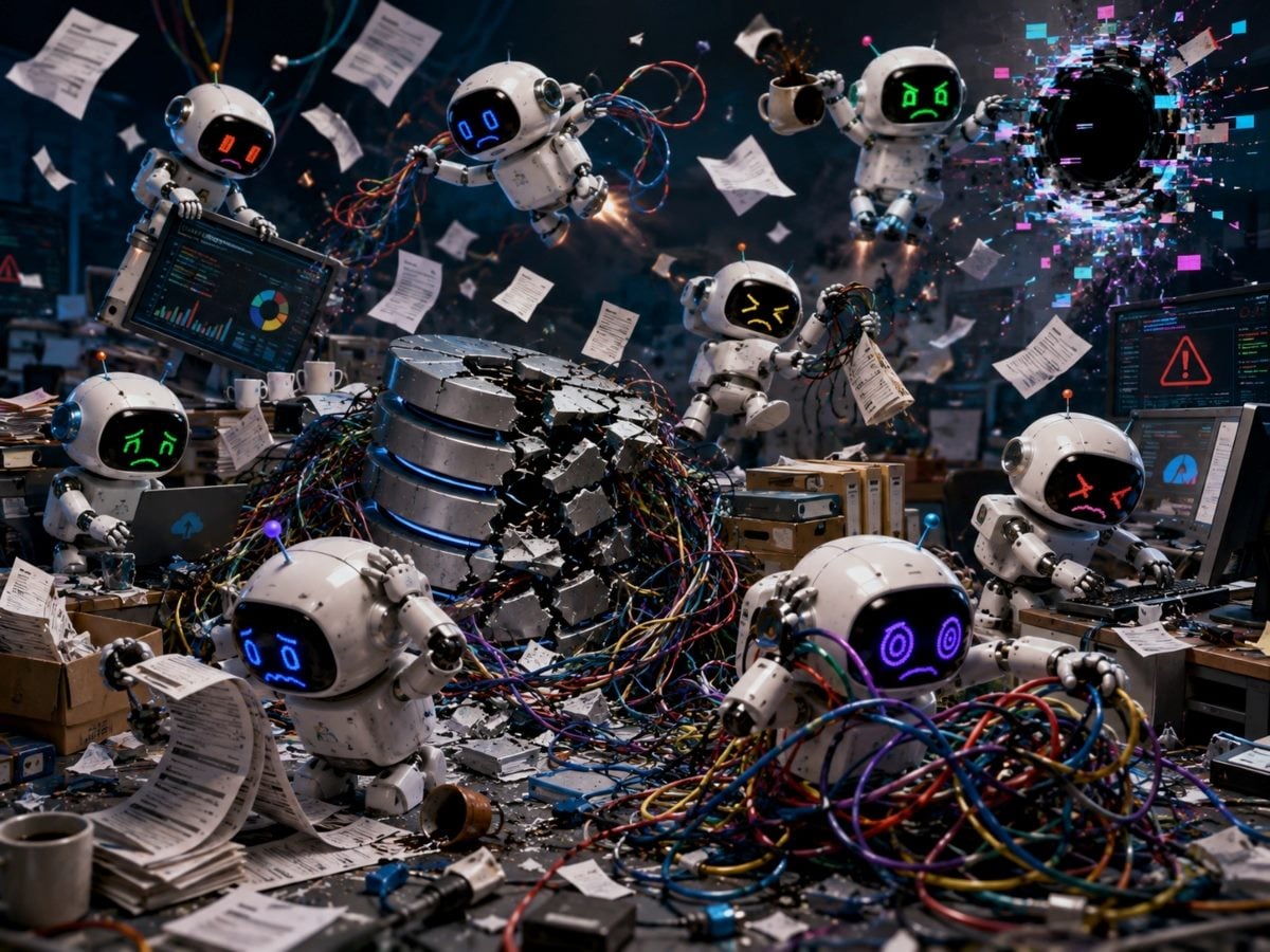 Illustration of multiple AI agents scrambling through tangled wires, broken systems and scattered customer data, representing how AI can amplify poor data quality and operational chaos.