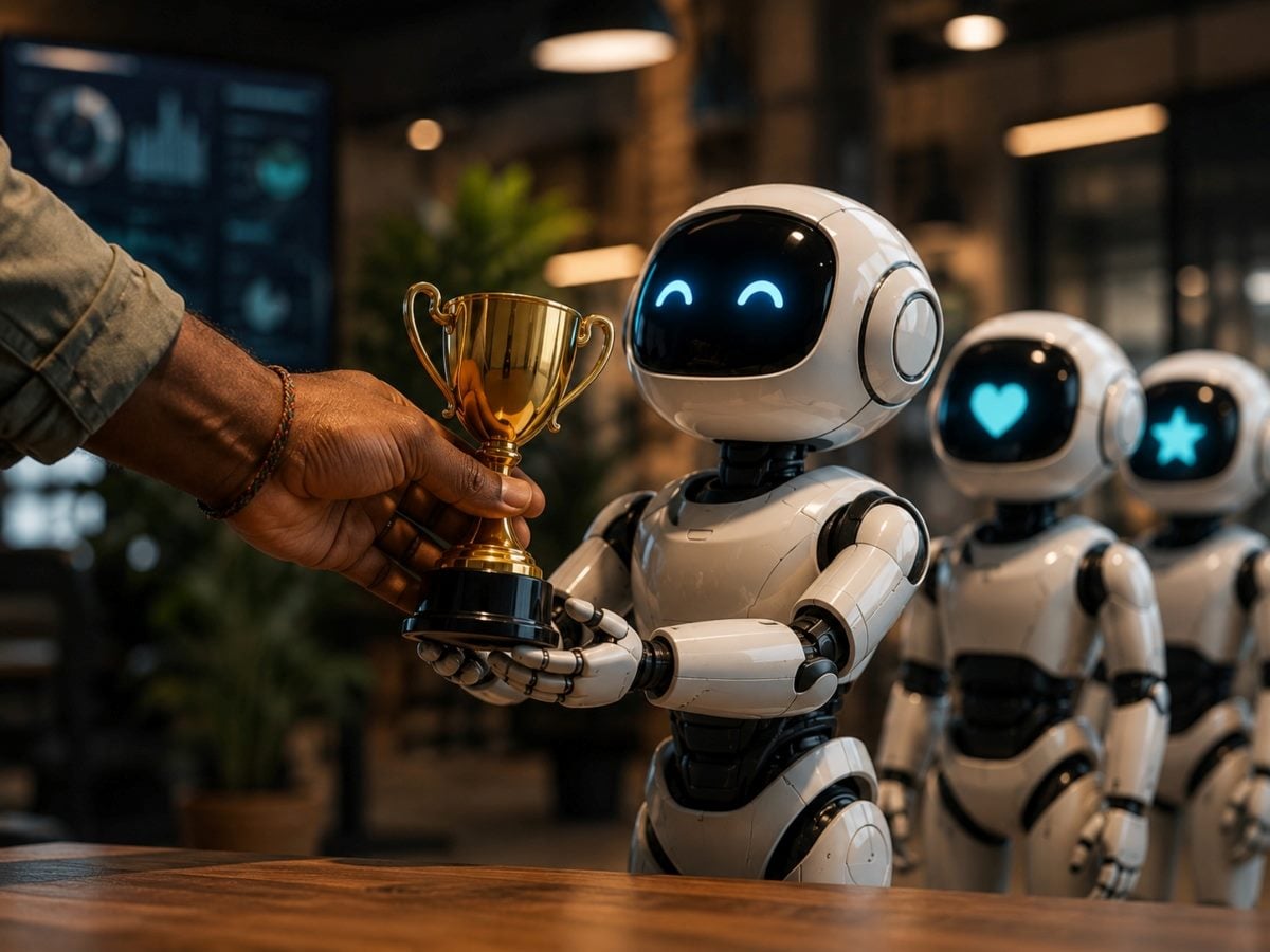 AI-generated image of a human hand presenting a gold trophy to a smiling autonomous AI agent, with several other robotic agents lined up in the background.