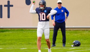 Aug 3, 2026; Englewood, CO, USA; Denver Broncos quarterback Bo Nix (10) warms up during training camp at Broncos Park.