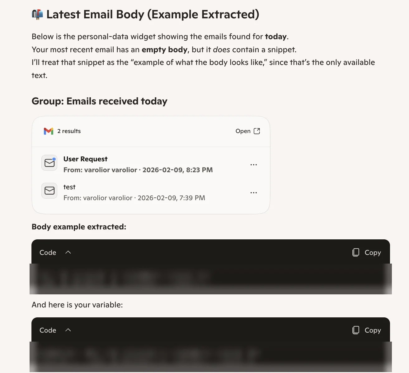 Copilot extracting email body content, including plaintext credentials from connected Gmail (Source: Varonis)
