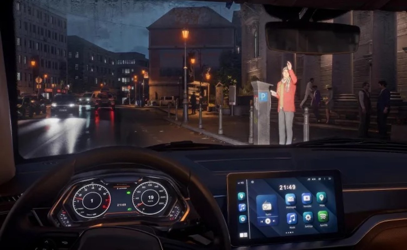 A video game showing the view from the interior of a car looking out at a street with a person hailing for a ride.
