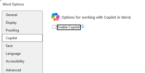 uncheck Enable Copilot in Word