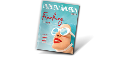 Sommerausgabe: Magazincover der BURGENLÄNDERIN: FRauenkopf mit türkiser Badehaube und weisser Sonnenbrille mit türkisen Gläsern und rotem Lippenstift