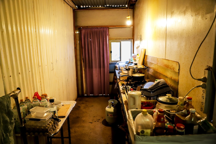 A dirty kitchen with a gas bottle connected to a cooktop and buckets in sink beneath a peeling cracked wall and windows