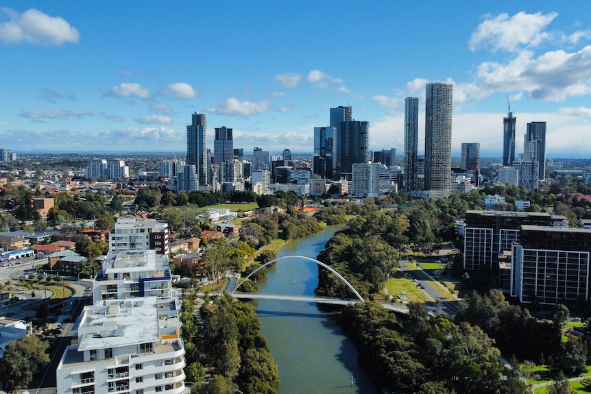 An aerial view of the Parramatta skyline