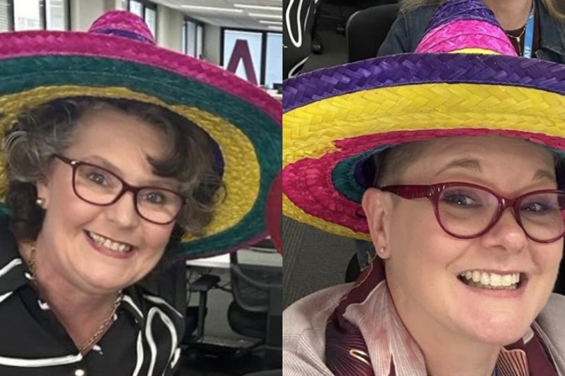 A composite image of Angela and Roxanne smiling and wearing sombreros.