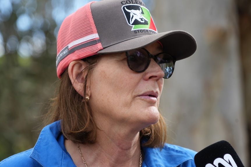 A woman with sunglasses and cap speaking.