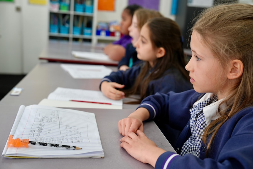 A young female student sits at a classroom desk with a writing book and pencil on it, there are other female students beside.