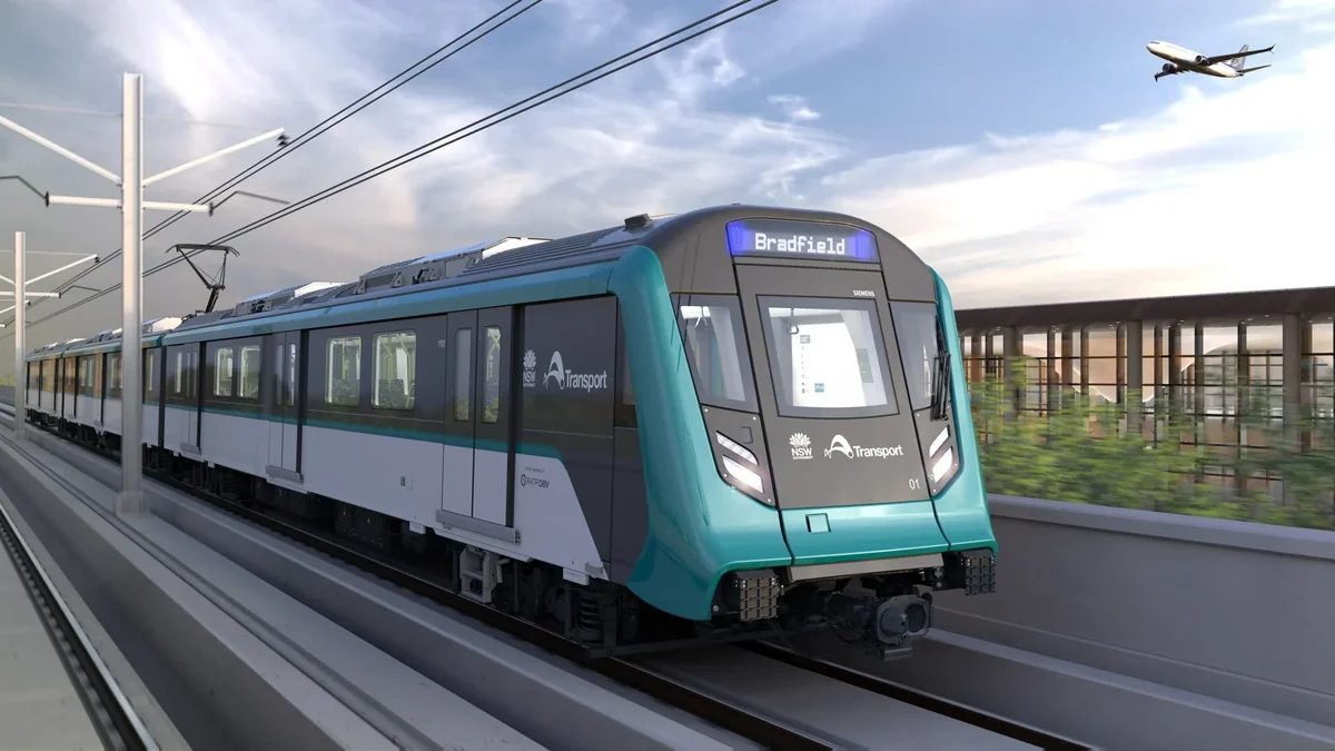 Rendering of a Western Sydney Airport metro train on elevated track near the airport.