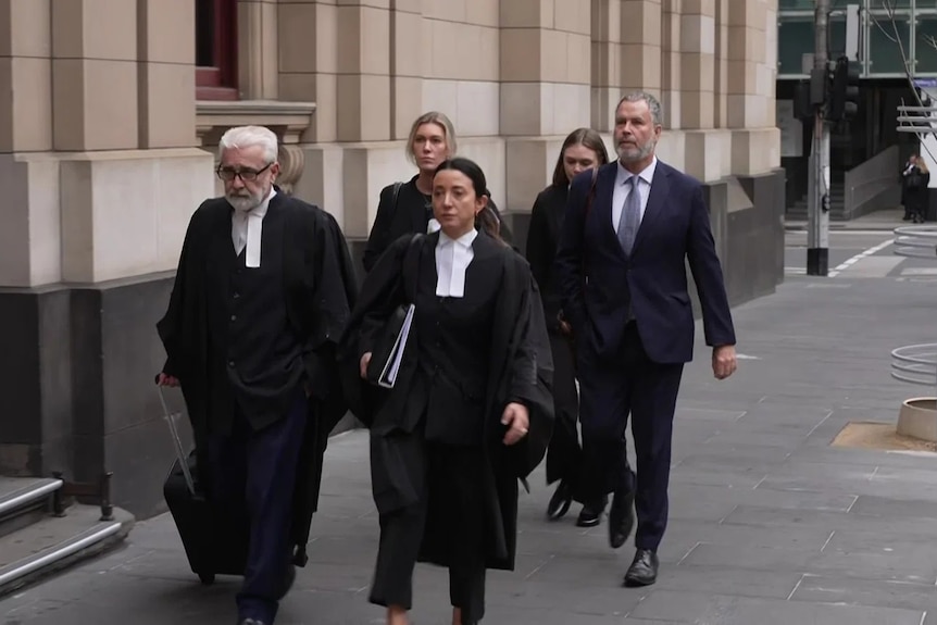 A group of lawyers in court outfits arrive at a court building