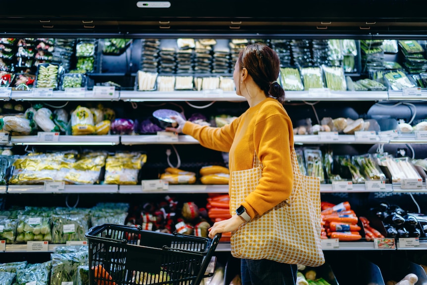 Young woman with shopping cart.