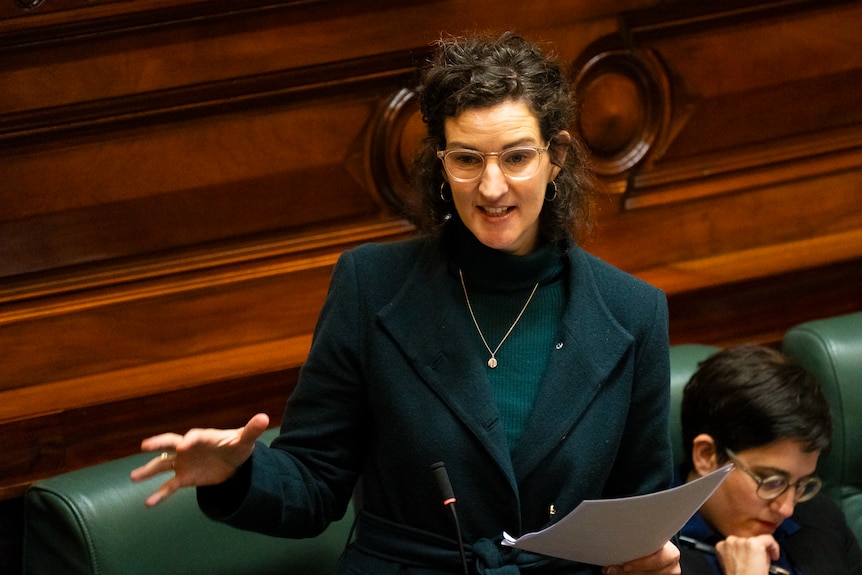 A woman gestures while speaking from notes in parliament.