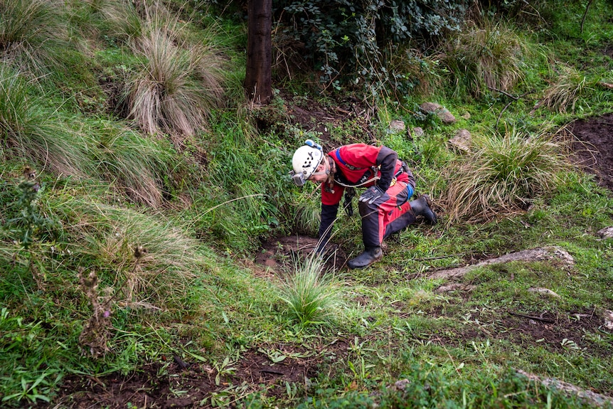 A man in red overalls and a helmet kneels over a concrete pad in a grassy paddock with his hand on a handle.