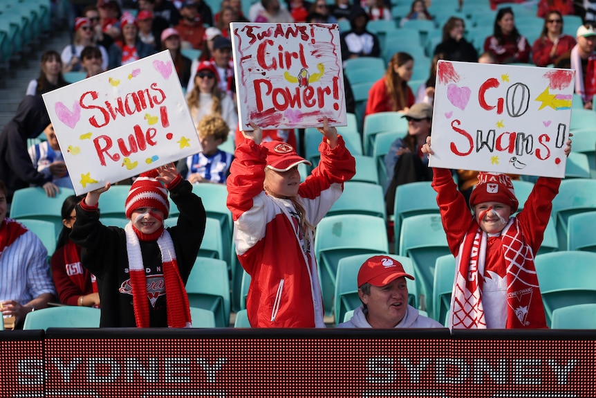 Swans fans cheer during the round two AFLW match between Sydney Swans and Essendon Bombers.
