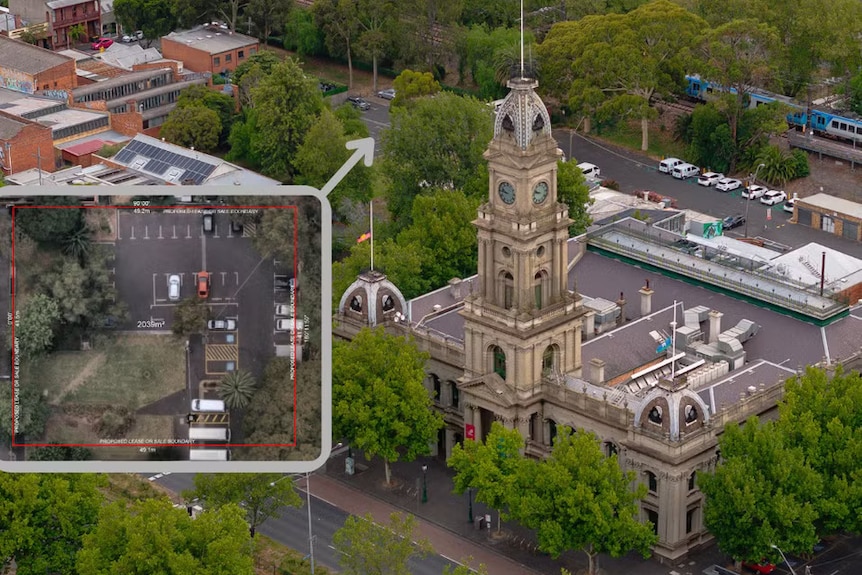 An aerial picture of a sandstone building with a clock tower with an inserted aerial photo of car parking.