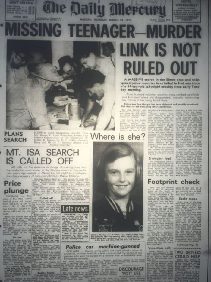 An old newspaper clipping headline reads "missing teenager - murder link is not ruled out", in black and white.