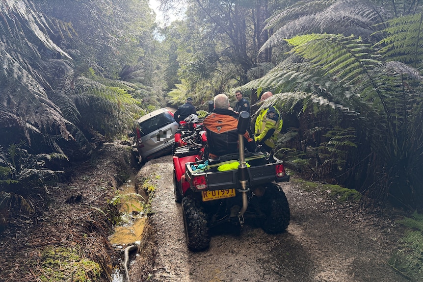 Search personnel quad bike near car in ditch in forest environment.