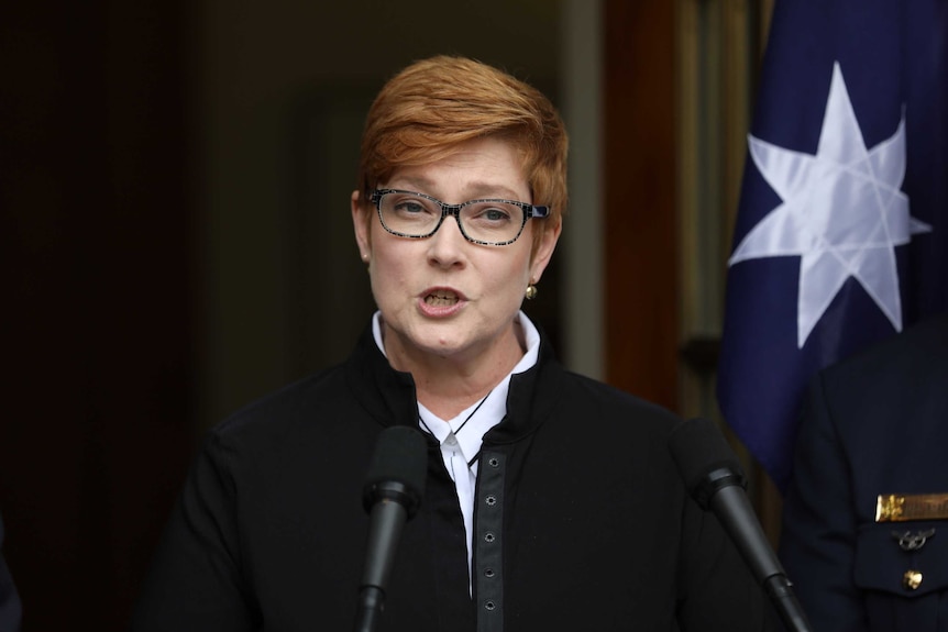 Marise Payne talking with Australian flag behind her and an otherwise dark plain background.