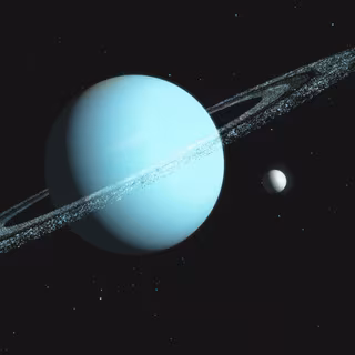 Une vue d'artiste d'Uranus, ses lunes et ses anneaux. © Ericus, Adobe Stock
